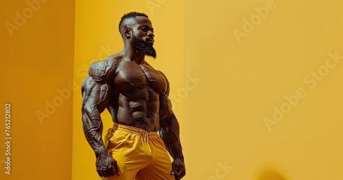 A bodybuilder in gym attire, flexing muscles, in a gym setting, solid color background