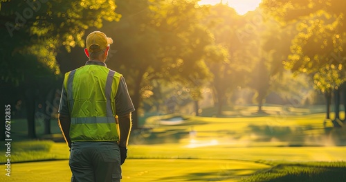 A golf course superintendent in maintenance attire, overseeing course conditions, photorealistik, solid color background © Gefo