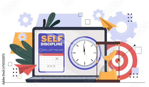 Self discipline concept. Laptop with timers and hourglass. Deadline, goal and task settings. Time management and efficient workflow. Cartoon flat vector illustration isolated on white background