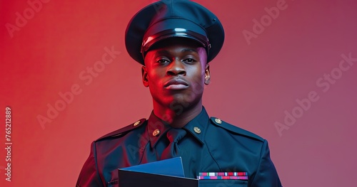 A military recruiter in dress uniform, holding informational brochures, standing in a recruitment office, photorealistik, solid color background