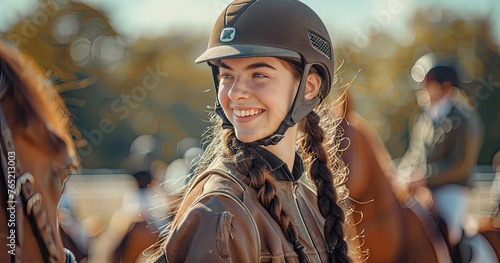 A therapeutic horseback riding instructor in equestrian gear, assisting students, in a riding arena, photorealistik, solid color background © Gefo