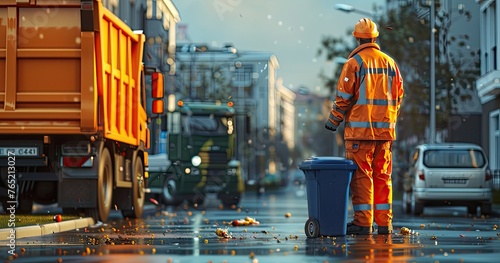 A waste collector in reflective uniform, emptying bins, standing next to a garbage truck, photorealistik, solid color background photo