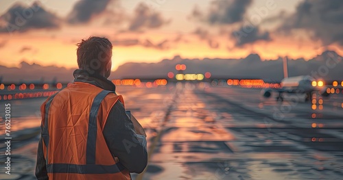 An airfield operations specialist in safety vest, directing airplanes, on a runway, photorealistik, solid color background photo