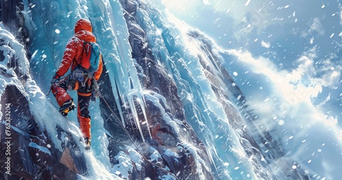 A professional ice climber in climbing gear, holding ice axes, standing at the base of a frozen waterfall, photorealistik, solid color background
