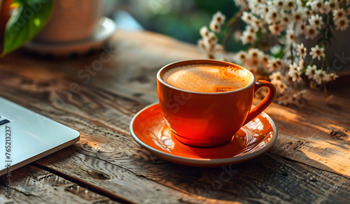 Cup of coffee on wooden desk, part of computer and floral decoration