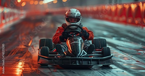 A go-kart racer in racing gear, sitting in a go-kart, on a race track, photorealistik, solid color background