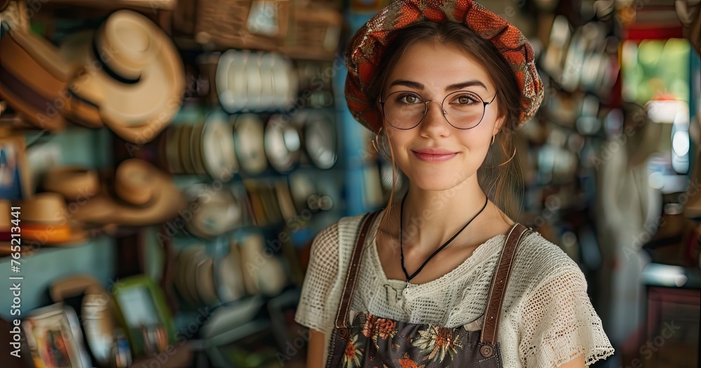 A vintage shop owner in retro attire, holding a vintage item, in a vintage shop, solid color background