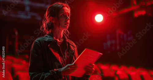 A theatre director in creative attire, holding a script, standing in a rehearsal space, photorealistik, solid color background
