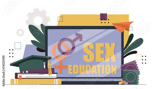 Sexual education concept. Differnet genders signs. Male and female contraception. Reproductive system and fertility. Anatomy and biology. Cartoon flat vector illustration isolated on white background
