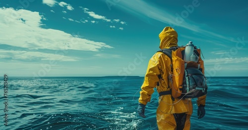 An oceanographer in field attire, collecting sea samples, from a research vessel, photorealistik, solid color background