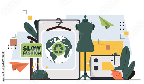 Slow fashion concept. Care about ecology and environment. Pincushion near sewing apparatus. Reccling and reuse, zero waste lifestyle. Cartoon flat vector illustration isolated on white background