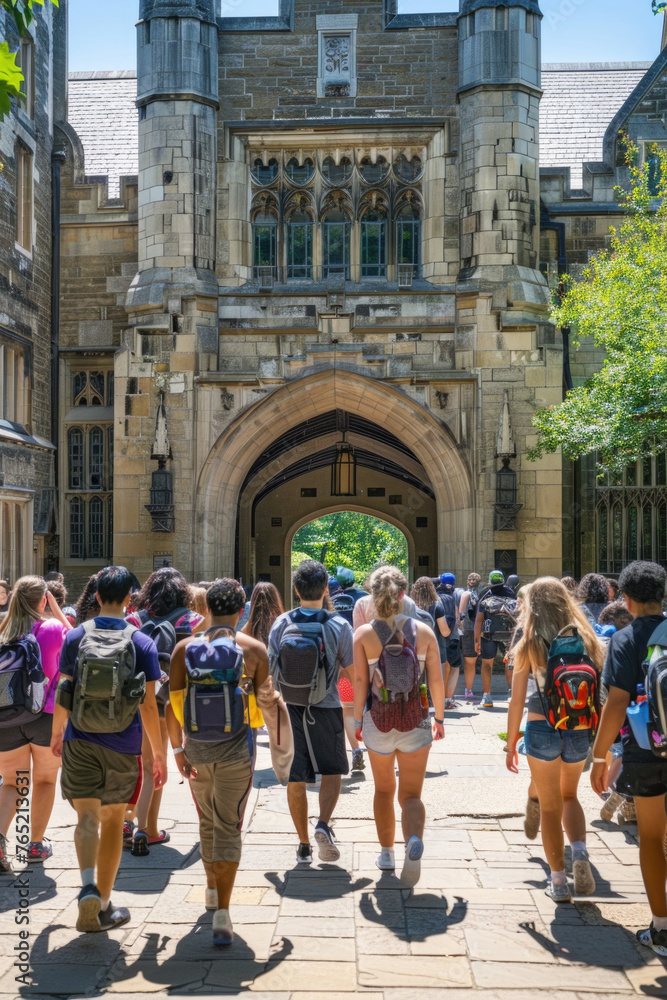 A group of people walks down a walkway in front of a grand castle, with the historic structure towering in the background