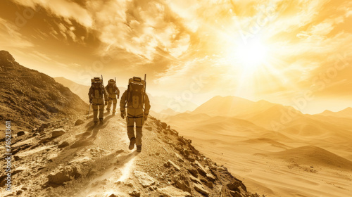 Astronauts in spacesuits walk along a dusty, rocky path resembling the Martian surface against a dramatic sunset backdrop