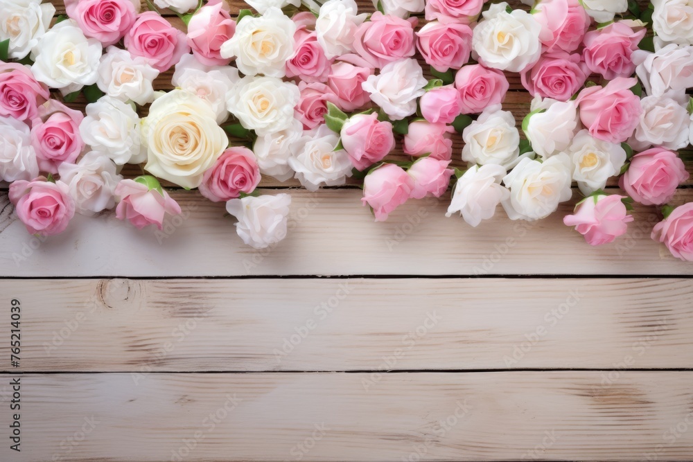 A spread of beautiful pink and white roses arranged on a rustic wooden surface, perfect for romantic themes. Array of Pink and White Roses on Wood
