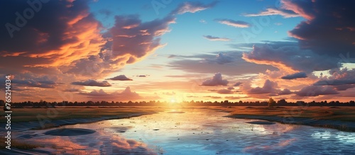 Beautiful sunset over the lake. Dramatic sky. Nature composition.