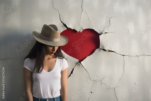A stylish woman in a hat stands beside a heart-shaped hole in a cracked wall, suggesting hidden love or discovery. Elegant Woman and Heart-Shaped Hole on Wall