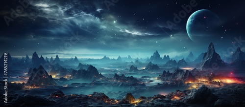 alien landscape with glowing lava and planets