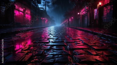 Neon-Lit Rainy Street at Night photo