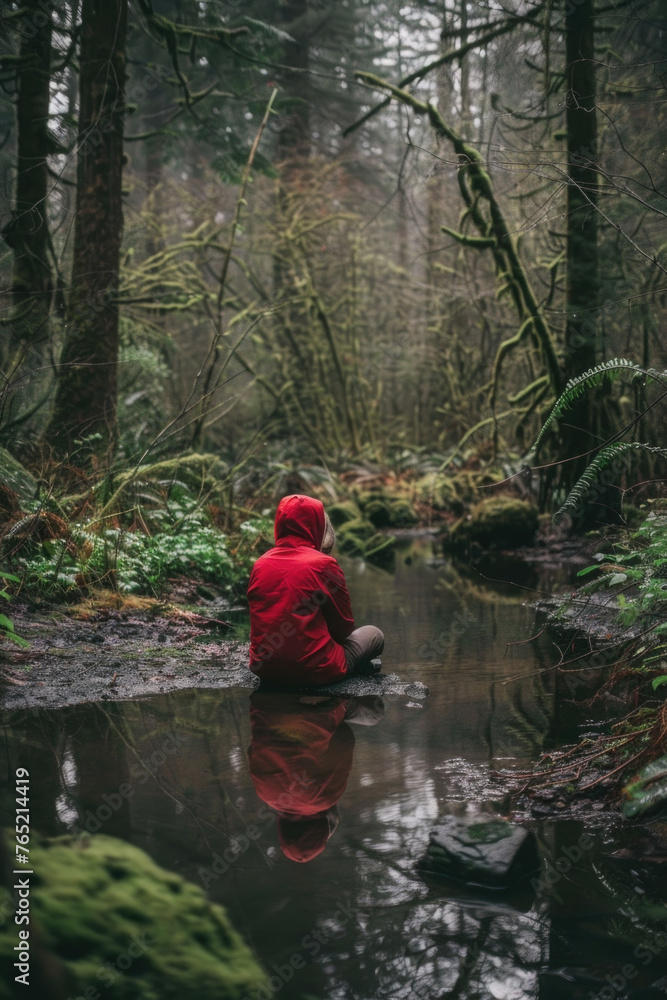 A person in a red jacket sits by a serene stream surrounded by the lush greenery of a dense forest A person in a red jacket sits by a serene stream surrounded by the lush greenery of a dense forest