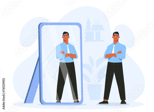 Superhero man in mirror. Young guy with confidence and brave. Talented and hardworking businessman. Reflection with superhero cape. Cartoon flat vector illustration isolated on white background