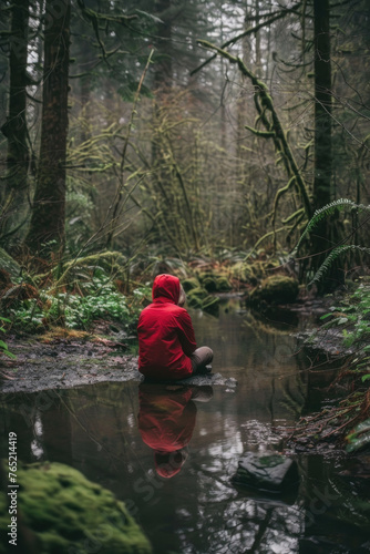 A person in a red jacket sits by a serene stream surrounded by the lush greenery of a dense forest