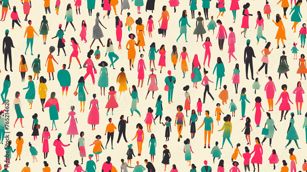 Obraz premium Colorful diverse people crowd abstract art seamless pattern. Multi-ethnic community, big cultural diversity group background illustration.