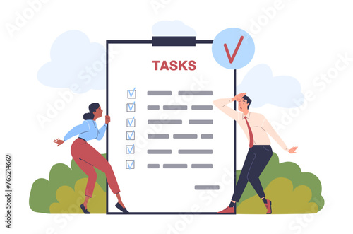 Task done concept. Motivaton and aspiration. Planning and time management, scheduling. Businessman and businesswoman work at common project. To do list. Cartoon flat vector illustration