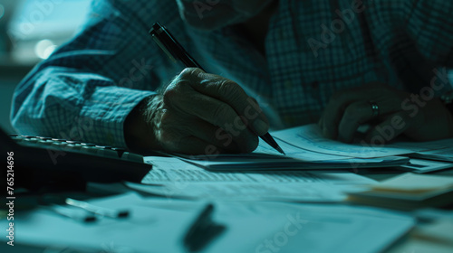 A man is sitting at a desk, writing information on a piece of paper in a focused manner photo