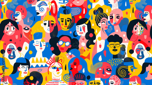 Colorful diverse people crowd abstract art seamless pattern. Multi-ethnic community, big cultural diversity group background illustration.