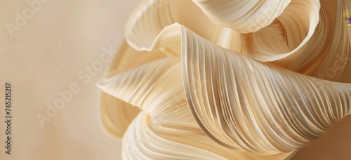 A detailed closeup of an abstract, organic shape made from folded paper strips against a soft beige background Generative AI