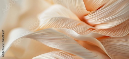 A detailed closeup of an abstract, organic sculpture made from thin paper strips in shades of beige and peach, creating a sense of depth with their undulating shapes and subtle gradients Generative AI