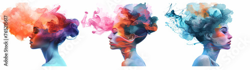 Silhouettes of human heads in profile, filled with colorful smoke clouds, representing the flow of thoughts and ideas