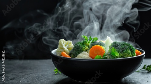 serving photography Hot cooked healthy food on the table on a black background. healthy food concept