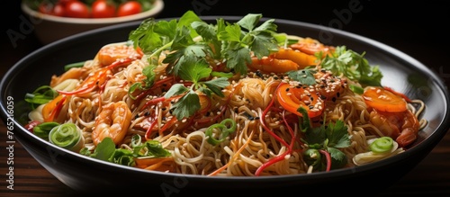 Noodles with shrimps, vegetables and herbs in bowl on wooden table