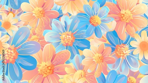 Retro vibes bloom in this HD-captured vintage 70s style floral artwork, embodying a groovy and colorful pastel nostalgia. Seamless vector background. 