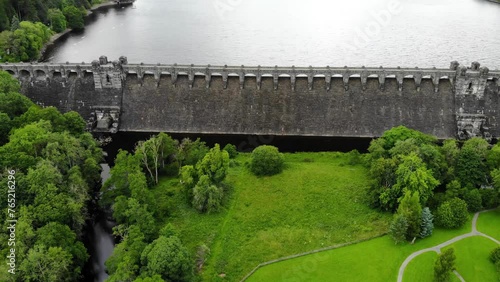 Dam of the lake Llyn Vyrnwy reservoir, Oswestry, Wales photo