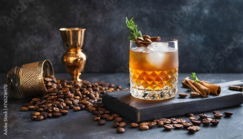 Cocktail with whiskey and coffee beans on a dark background.