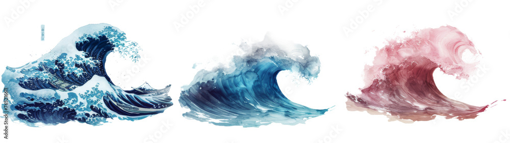 Three artistic watercolor waves in red, blue, and traditional Japanese Hokusai style conveying movement and fluidity Three artistic watercolor waves in red, blue, and traditional Japanese Hokusai style conveying movement and fluidity