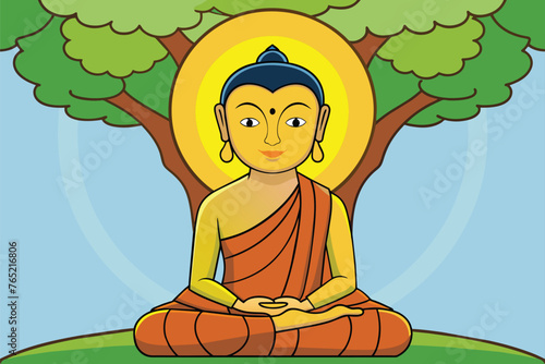 Vector illustration of Siddhartha Gautama enlightened under Bodhi tree, enlightenment of the Buddha under the Bodhi tree
