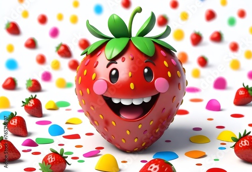 smiling anthropomorphic Strawberry with eyes and a mouth against a white background, smiling banana figure on plain background, cartoon, apple, fruit, 3d © Saqib