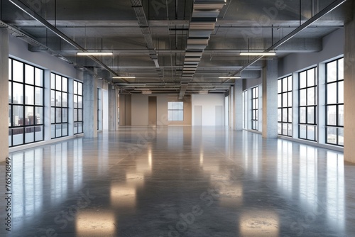 Empty commercial premises with polished concrete floors and ceiling lights. photo