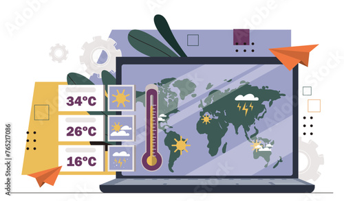 Weather forecast concept. Temperature and rains predictions at global map. Applications and programs. Meteorologist laptop. Cartoon flat vector illustration isolated on white background