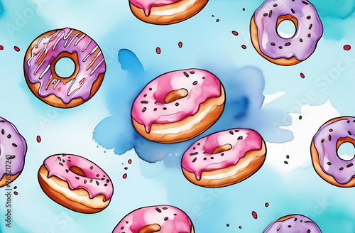Watercolor pink and lilac sweet donuts with sprinkler on blue background.