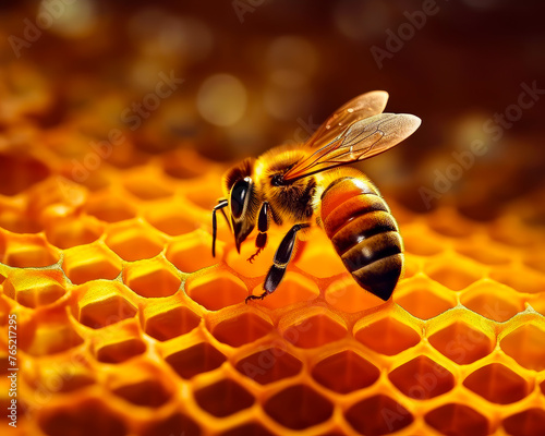 Close up view of the working bees on honey cells © Vadim