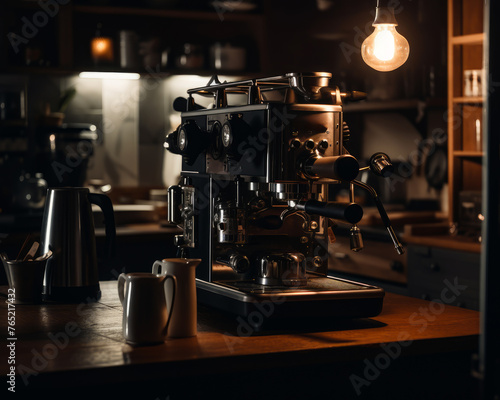 Professional espresso coffee machine and coffee cups on the table in the dark cafe