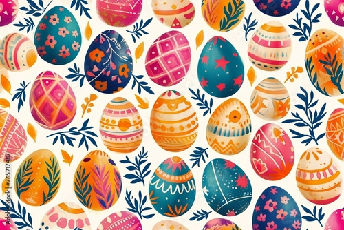 Happy easter watercolor seamless pattern. Multi-colored Easter eggs. Generated ai