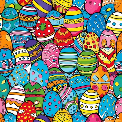 Happy easter watercolor seamless pattern. Multi-colored Easter eggs. Generated ai