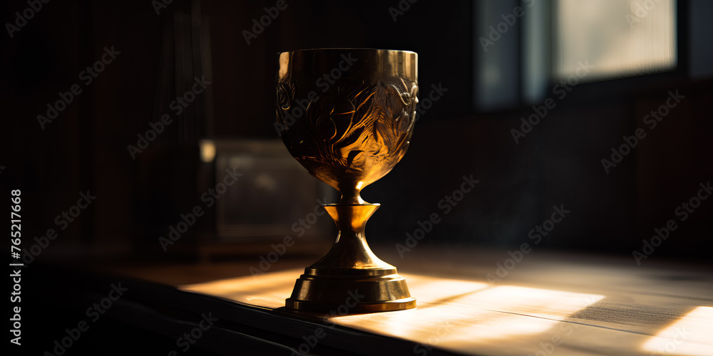 Golden goblet or cup on wooden table and the sun shining through the window - obrazy, fototapety, plakaty 