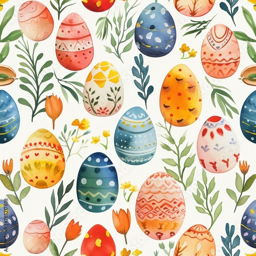 Happy easter watercolor seamless pattern. Multi-colored Easter eggs. Generated ai