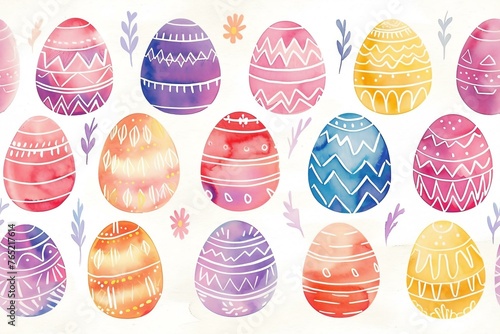 Happy easter watercolor seamless pattern. Multi-colored Easter eggs. Generated ai